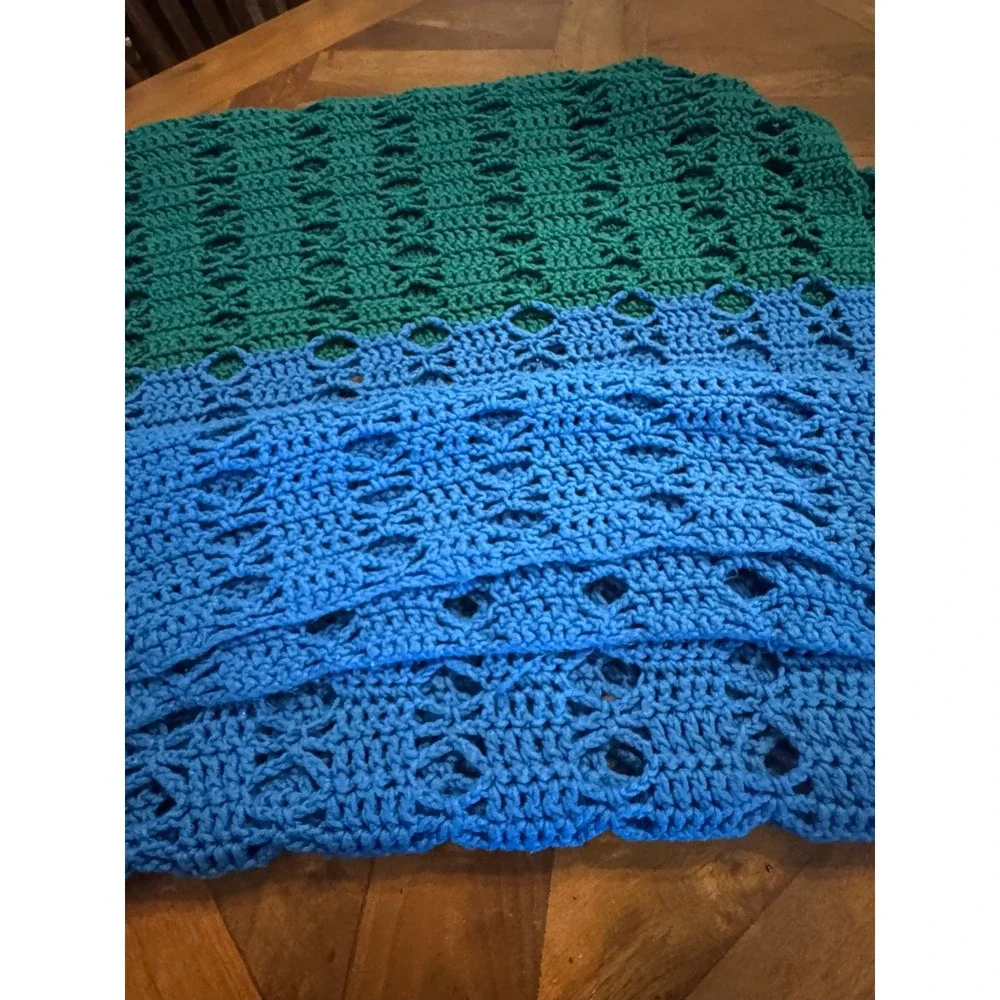 Handmade Granny Crochet Throw Blanket Green Blue Two Tone Open‎ Weave Boho Wrap